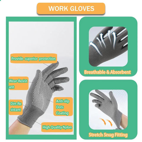 Gray work gloves with anti-slip dot coating, providing superior protection, breathable, dirt-resistant, stretch snug fitting.