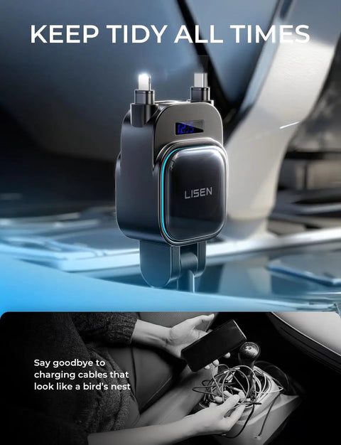 Retractable Car Charger 4 In 1 No Fuss Fast Charging Hub with 96W Power plugged into vehicle cigarette lighter