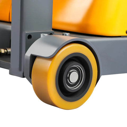 Close-up of wheel on High Capacity 2200lb Full Electric Straddle Fork Stacker With Counterbalanced Design, showcasing durable orange material.