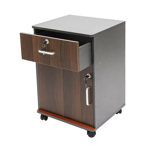 Slick Locking Vertical File Cabinet With Smooth Glide Casters And Ample Under Desk Storage Space with open drawer, engineered wood design.