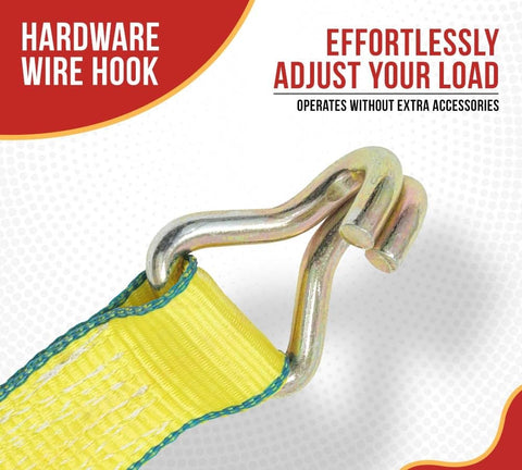 Close-up of wire hook on Heavy Duty 2 Inch By 27 Foot Ratchet Tie Down Straps With Wire Hooks 10 Pack 10,000 Lbs Breaking Strength 3,333 Lbs Working Load Limit