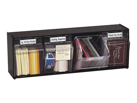 No-Fuss Four Bin Horizontal Tilt Bin Storage System With Interlocking Design, Clear Removable Bins For Quick Visibility, Black Finish