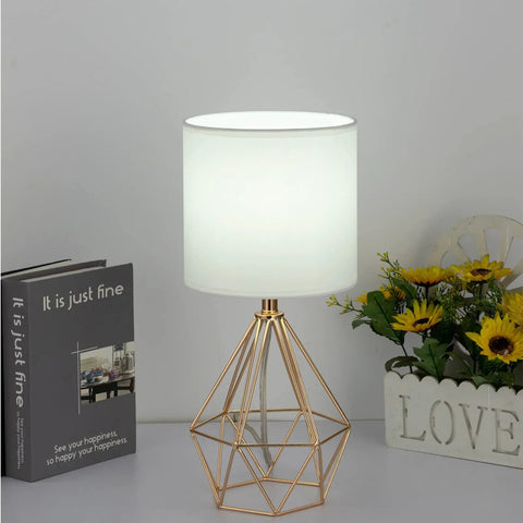 Gold Table Lamps Set Of 2 Dope End Table Lamps With White Fabric Shades, Compact nightstand lighting, geometric metal base