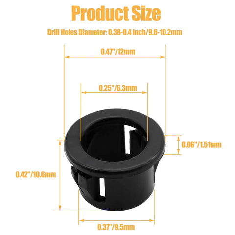 Three Eighths Inch Snap In Cable Bushing Grommet Kit In Black Nylon, Sixty Count For Wire Management, DIY Projects, And Easy Mounting With Durable Wear Resistant Nylon For Auto, Marine, And Home Wiring. Black nylon snap-in cable bushing, 0.37 in hole, 0.42 in height.