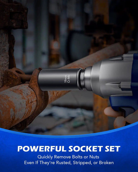 Close-up of a One Half Inch Drive Nut And Bolt Extractor Set With Twist Sockets for Stripped Lug Nuts and Rounded Bolts in use