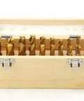 Front view of wooden box with 20 tin-coated HSS end mills, 3/16 to 3/4 in, 2- and 4-flute, center-cut.