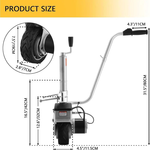 Super Heavy Duty Electric Trailer Mover With Massive 350W Motor And Fat Wheels For Easy Hitching, showing dimensions and fat wheels.