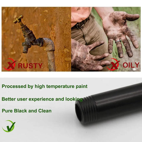 Comparison of rusty faucet, oily hands, and clean Industrial Black 1 Inch Steel Pipe Set 36 Inches Long 4 Pack for DIY Shelving
