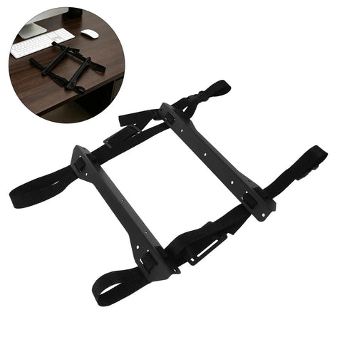Heavy Duty Under Desk PC Tower Mount Rack With Stainless Steel Anti Vibration Caging And Heavy Duty Ratchet Straps, black frame with straps for secure installation.