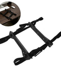 Top Shelf Under Desk Computer Tower Stand With Snap Tight Adjustable Strap For Heavy Duty Pc Case Rack and cooling bracket, black metal design.