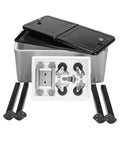 80 Quart Rolling Cooler Cart For Outdoor Parties, shown disassembled with wheels, body, and storage components, gray finish