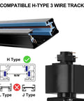 Diagram showing H-type 3-wire track compatibility for 10W H Track Light Heads With CRI 90 Plus LED Top Notch Adjustable Lighting.