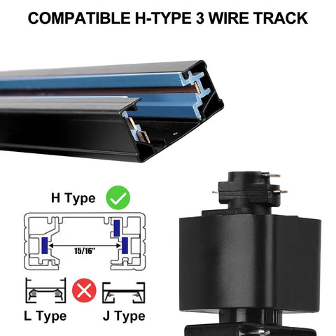 Diagram showing H-type 3-wire track compatibility for 10W H Track Light Heads With CRI 90 Plus LED Top Notch Adjustable Lighting.