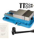 No Nonsense Six Inch Mill Vise Without Base Featuring Rock Solid Cast Iron Construction And Grip Tight Steel Jaws Ready To Roll For Precision Cnc Jobs And Shop Tasks with accessories.