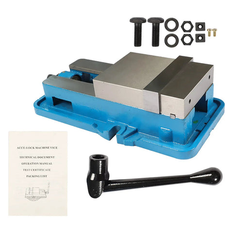 No Nonsense Six Inch Mill Vise Without Base Featuring Rock Solid Cast Iron Construction And Grip Tight Steel Jaws Ready To Roll For Precision Cnc Jobs And Shop Tasks with accessories.