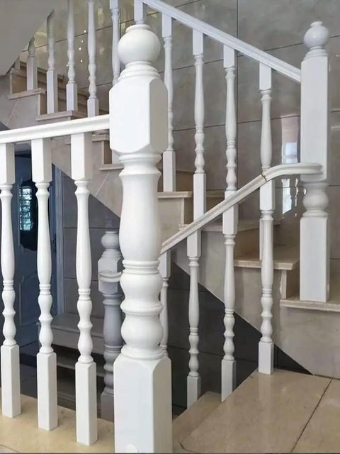 Rock Solid White Wooden Baluster Posts For Staircase Deck And Porch, No Sweat Poplar Wood Spindle Assembly, Sweet Finished Interior Railing Guard, Built Tough Home Fix Essential, 33 Inch Tall, showcasing balusters on stairs.