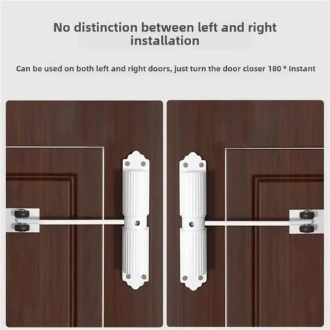 Simple Install Automatic Door Closer With Adjustable Speed Up To 180 Degrees, shown on left and right door installations
