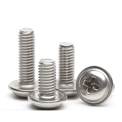 Pro Grade 304 Stainless Steel Self Tapping Screws With Built In Washers M3 X 20 Millimeter Pan Head Bolts close-up view.