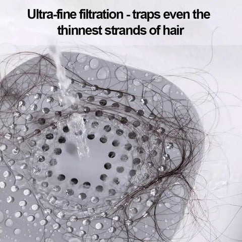 Ultra-fine filtration of Two Pack Shower Drain Hair Catcher With Strong Suction Cups trapping hair strands in grey design.