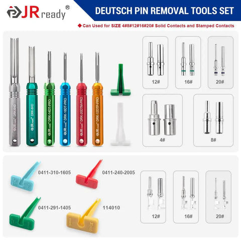 Deutsch Connector Tool Kit for DT DTM DTP DTV HD Series with Pin Removal Tool showing various tool sizes and contacts.