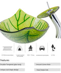 Leaf Shape Vessel Sink Set With Tempered Glass Basin And Waterfall Chrome Faucet Pop Up Drain Deck Mounted Installation