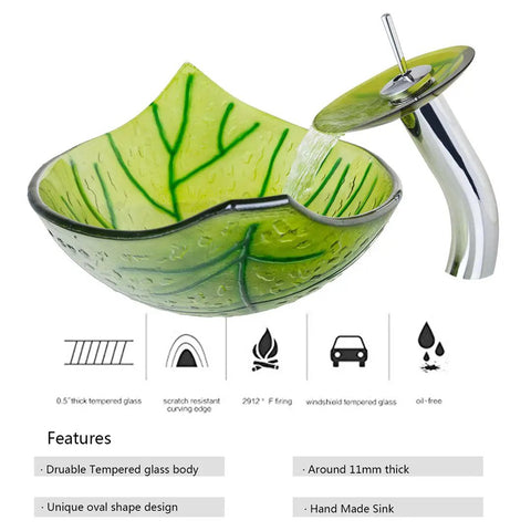 Leaf Shape Vessel Sink Set With Tempered Glass Basin And Waterfall Chrome Faucet Pop Up Drain Deck Mounted Installation