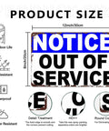 Notice Out Of Service Metal Sign 8x12 Inch Funny Aluminum Wall Decor showing size, durability features, and detail treatment