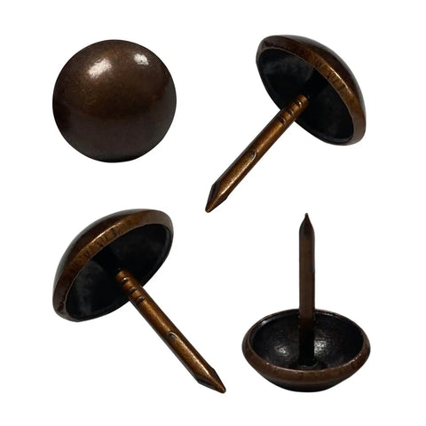 Top Tier Heavy Duty Upholstery Tacks Legit Red Copper Furniture Nail Set displayed from multiple angles, 0.67 inch nails with round heads.