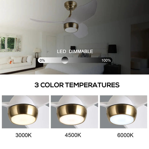 36 Inch White Gold Modern Ceiling Fan With Light And Remote, Quiet DC Motor, 3 color temperatures shown in a bedroom setting.