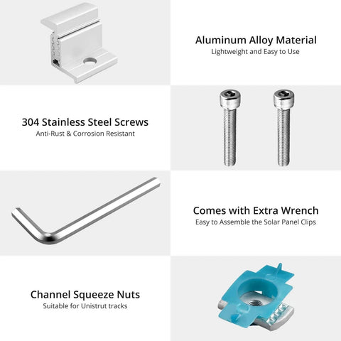 10 Pcs Adjustable Solar Panel End Clamp For Unistrut, 30-50mm Aluminum Mounting Brackets With Nuts, Bolts And Wrench Included, Heavy Duty DIY Friendly Solar Clamp For Metal Roof Tin Roof Flat Roof Sheet Roof RV, Silver, displaying aluminum material, stainless screws, wrench, and channel nuts.