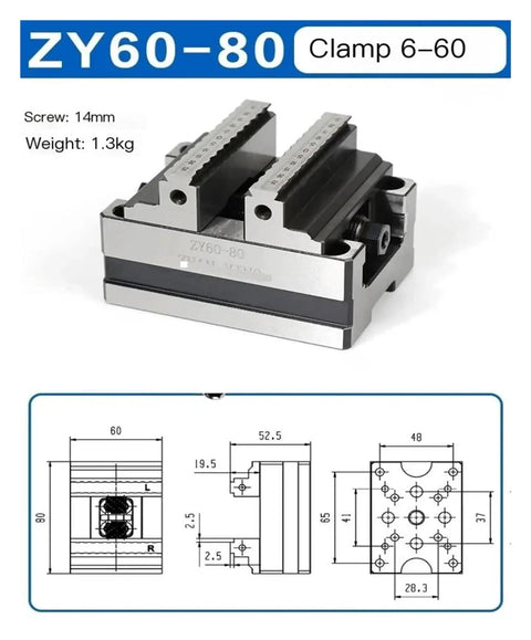 Heavy Duty Self Centering Cnc Vise With Killer Grip And Slick Four Turn Table Fixture For Locking Round Pipes Tight During Professional Workshop Milling Jobs, ZY60-80 clamp shown with dimensions.