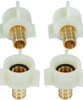 Four Pack PEX Fittings With Brass Swivel Adapters One Half Inch Female NPT Thread Crimp Fittings For PEX Tubing And RV Faucets DIY Friendly Install Works With Clamp Rings Or Copper Crimp Rings No Tools Needed. Four brass PEX swivel adapters, 1/2 inch, white and brass.