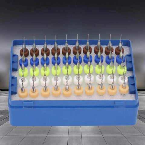 50Pcs Carbide Micro Drill Bits Set 0.5mm To 0.9mm Tips Spiral Flute Engraving Tools in a blue storage box