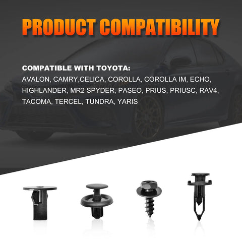 4 In 1 Bumper And Fender Liner Clip Kit For Toyota And Lexus with screws and fasteners, product compatibility with Toyota models.