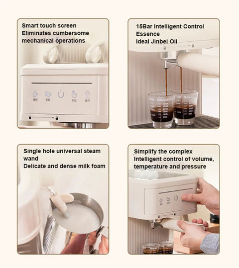 Professional Semi Automatic Espresso Machine With 15 Bar Pressure And Integrated Milk Frother close-up of smart touch screen and dual espresso extraction.