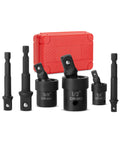 Universal Joint Socket Adapter Set For Drills And Impact Drivers, Six Piece, One Half Inch, One Quarter Inch, Three Eighths Inch Swivel Adapters, Chrome Molybdenum Steel Construction, Heavy Duty Durability, in red case
