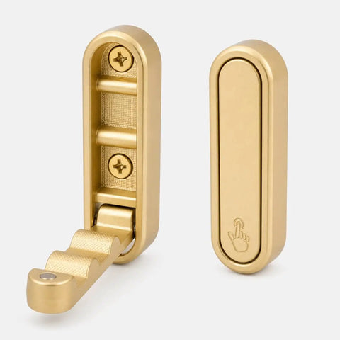 Sleek Black Folding Wall Hooks Four Pack With Swivel Hinge Design perfect for tight spaces and narrow hallways with golden finish.