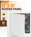 Sleek 12X12 Abs Access Panel For Drywall And Ceiling Plumbing Repair Cover showing open panel revealing plumbing connections.