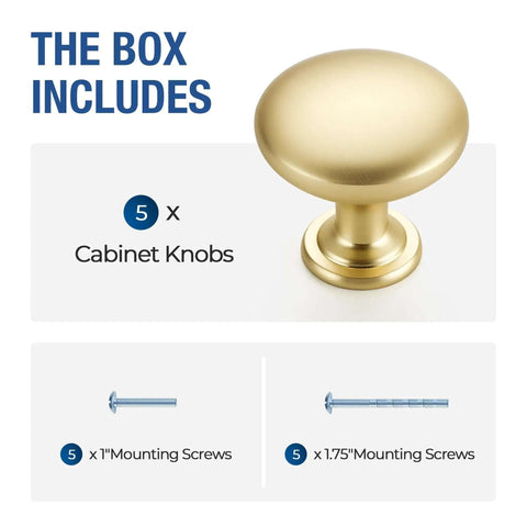 Top Shelf Solid Cabinet and Drawer Knob Sets with Kickass Brushed Gold Finish Crafted from Heavy Duty Zinc Alloy for Built Tough Kitchen and Bath Remodel Upgrades with 5 knobs and screws