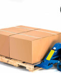 Blue manual pallet jack with a U-shaped handle and red wheels lifting a wooden pallet of cardboard boxes.
