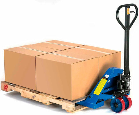Blue manual pallet jack with a U-shaped handle and red wheels lifting a wooden pallet of cardboard boxes.