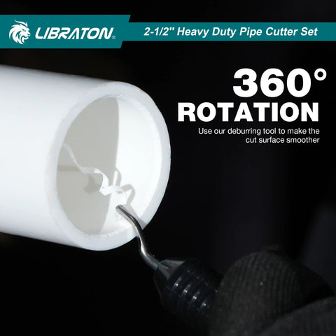 Libraton 2-1/2" PVC pipe cutter set with deburring tool; white PVC pipe in use.