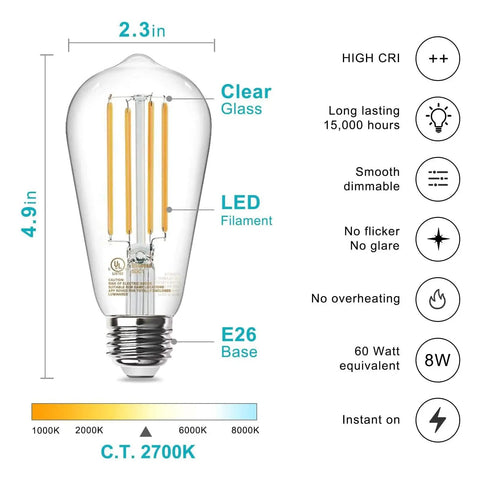 Diagram of Edison Style Vintage LED Bulbs With Retro Vibes Dimmable 60W Equivalent Warm White 2700K ST58 Clear Glass E26 Base features.