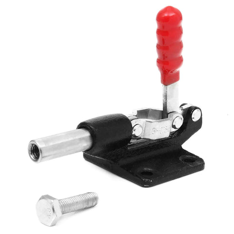 Close-up of Four Pack 32mm Toggle Clamps with Quick Release, Beefy 500 Lbs Holding Capacity, metal latch and red rubber grip.