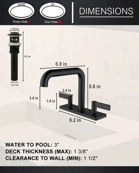 Dimensions of Two Handle Centerset Bathroom Faucet designed for Matte Black Vanity Deck Mount Sink with Pop Up Drain and Included Supply Lines Built to Last Solid Brass Construction Low Lead CUPC Certified