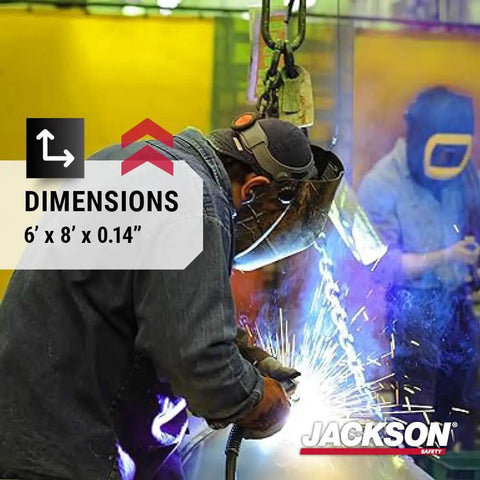 Welder using a 6x8' PVC Welding Curtain With UV And Blue Light Shielding, Transparent Colored Screen, clear visual division