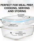 Open view of 16 Piece Glass Meal Prep Set with airtight lid and high borosilicate glass container for meal storage.