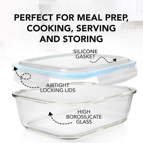 Open view of 16 Piece Glass Meal Prep Set with airtight lid and high borosilicate glass container for meal storage.