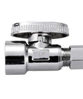 Built Like A Tank Lead Free Brass Water Angle Stop Valve Two Pack 1/2 Inch FIP To 3/8 Inch OD Compression Quarter Turn Chrome Shut Off Fitting Smooth Crisp Action For DIY side view of valve with compression fitting