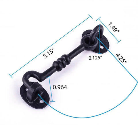 Dimensions of 5 Inch Wrought Iron Hook And Eye Door Latch With Mounting Hardware, Rust Resistant Black Powder Coat Finish